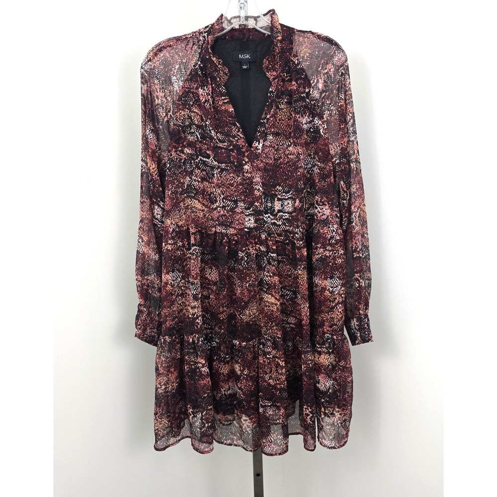 MSK Ruffle V-Neckline Long Sleeve Sheer Lined Knee Length Dress Brown Black L‎